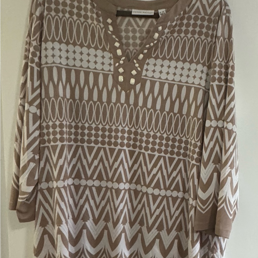 Susan Graver Tan and White Relaxed Polo Tunic